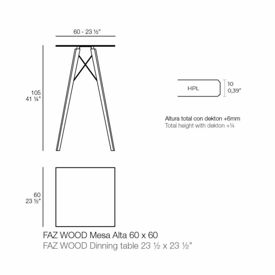 Mesa de Bar alta Square Design em Madeira e Hpl, 4 Peças - Faz Wood by Vondom Viadurini
