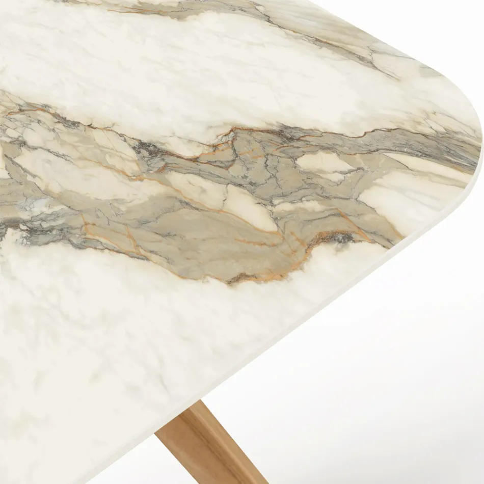 Mesa com Base em Madeira e Tampo em Cerâmica Calacatta Hermitage - Infinity Viadurini