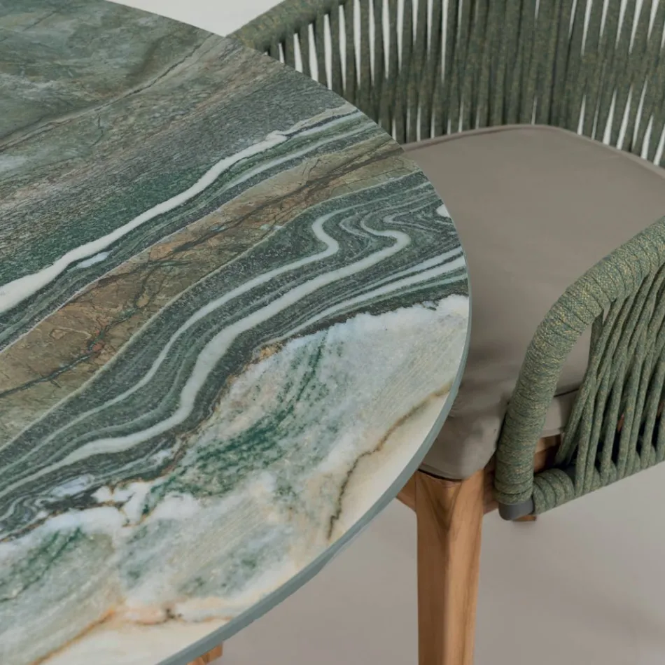 Mesa com Tampo de Cerâmica e Base de Teca Fabricada na Itália - Capacete Viadurini