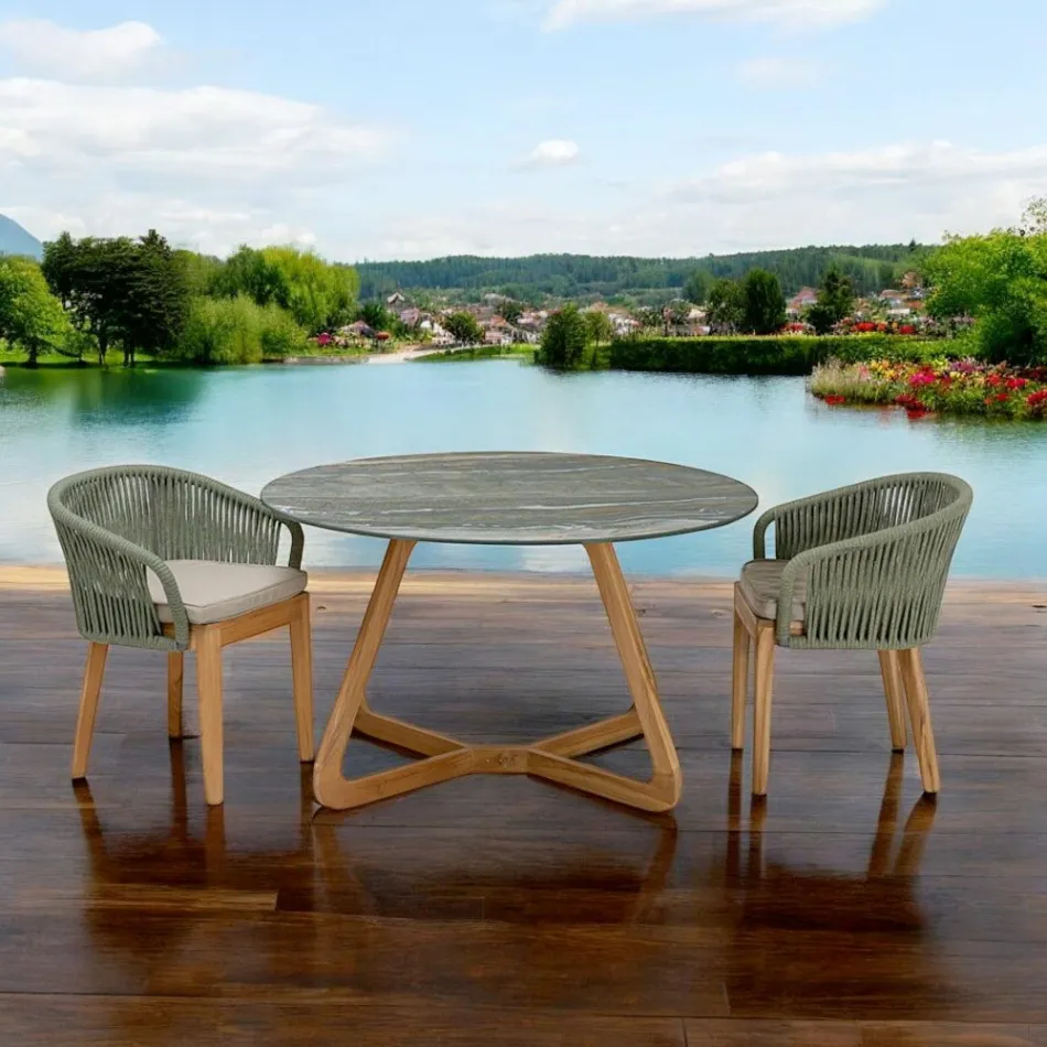 Mesa com Tampo de Cerâmica e Base de Teca Fabricada na Itália - Capacete Viadurini