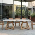 Mesa com tampo de cerâmica e base maciça de teca Made in Italy - Blusa Viadurini