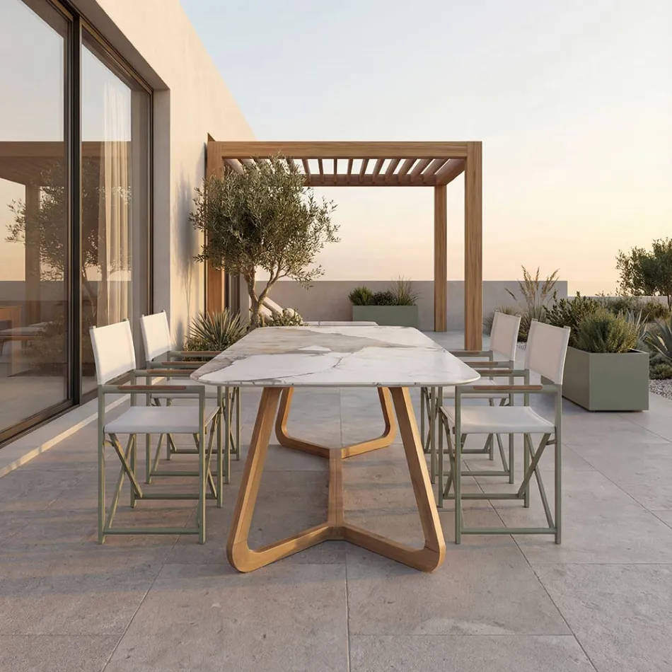 Mesa com tampo de cerâmica e base maciça de teca Made in Italy - Blusa Viadurini