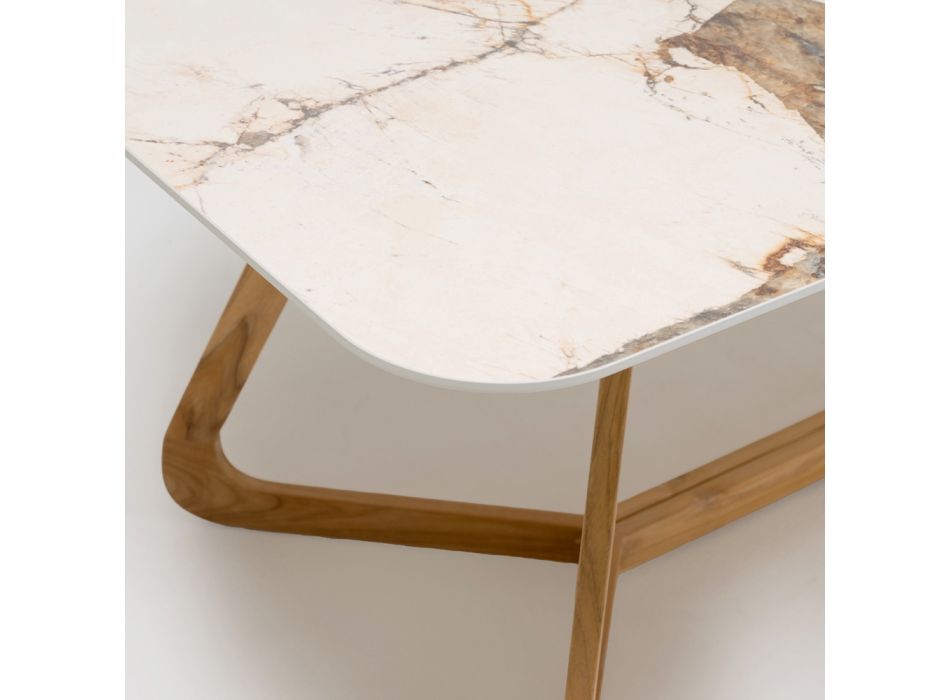 Mesa com tampo de cerâmica e base maciça de teca Made in Italy - Blusa Viadurini
