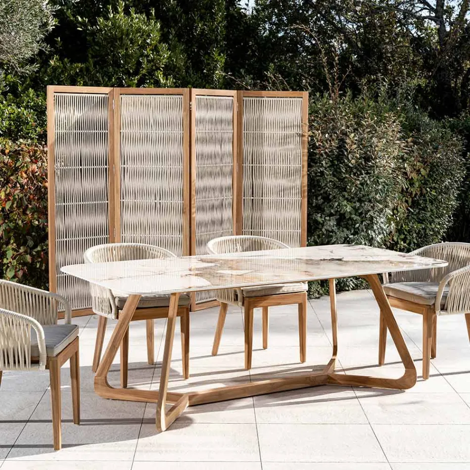 Mesa com tampo de cerâmica e base maciça de teca Made in Italy - Blusa Viadurini