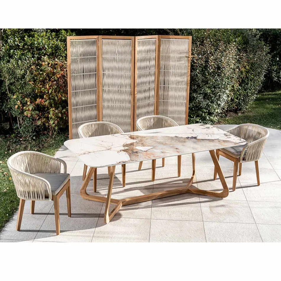 Mesa com tampo de cerâmica e base maciça de teca Made in Italy - Blusa Viadurini