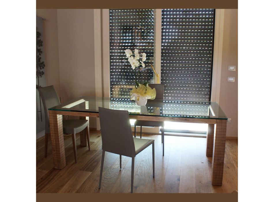 Mesa com Tampo de Cristal e Madeira de Freixo Moderado Made in Italy – Asella Viadurini
