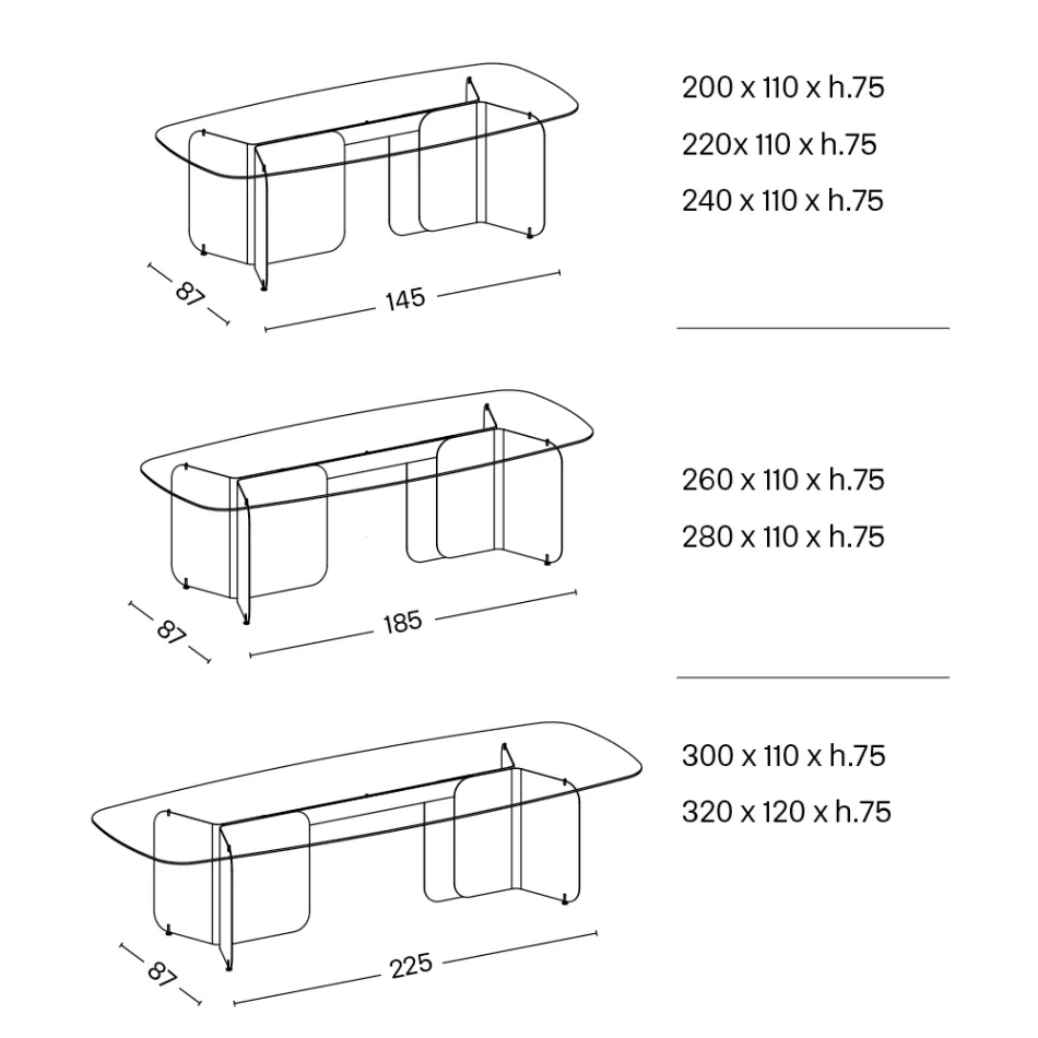 Mesa com tampo de vidro moldado e base metálica curva - Piacere Viadurini