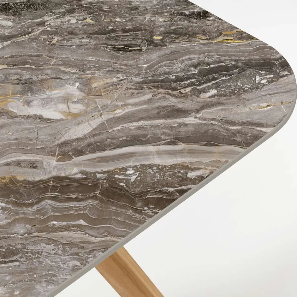 Mesa Externa com Base de Madeira e Tampo Cerâmico Orobico Luxe - Infinity Viadurini