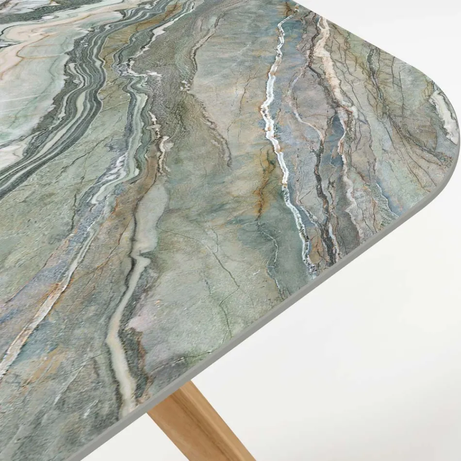 Mesa Externa com Base de Madeira e Tampo em Cerâmica Royal Peacock - Infinity Viadurini