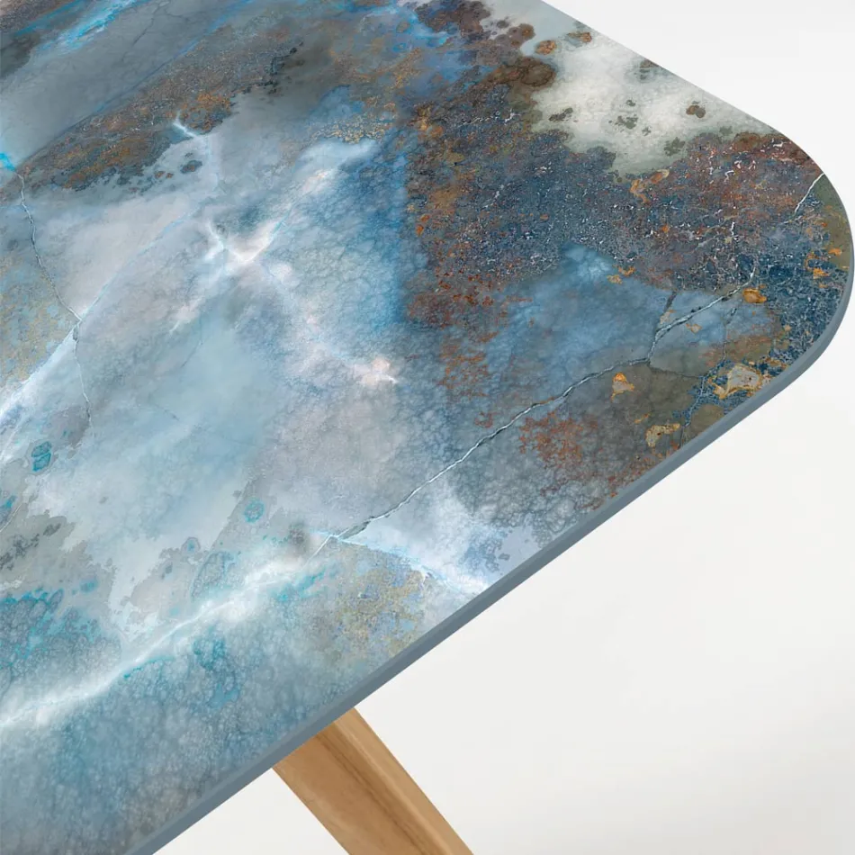 Mesa Externa com Base de Madeira e Tampo em Cerâmica Thunderstorm - Infinity Viadurini