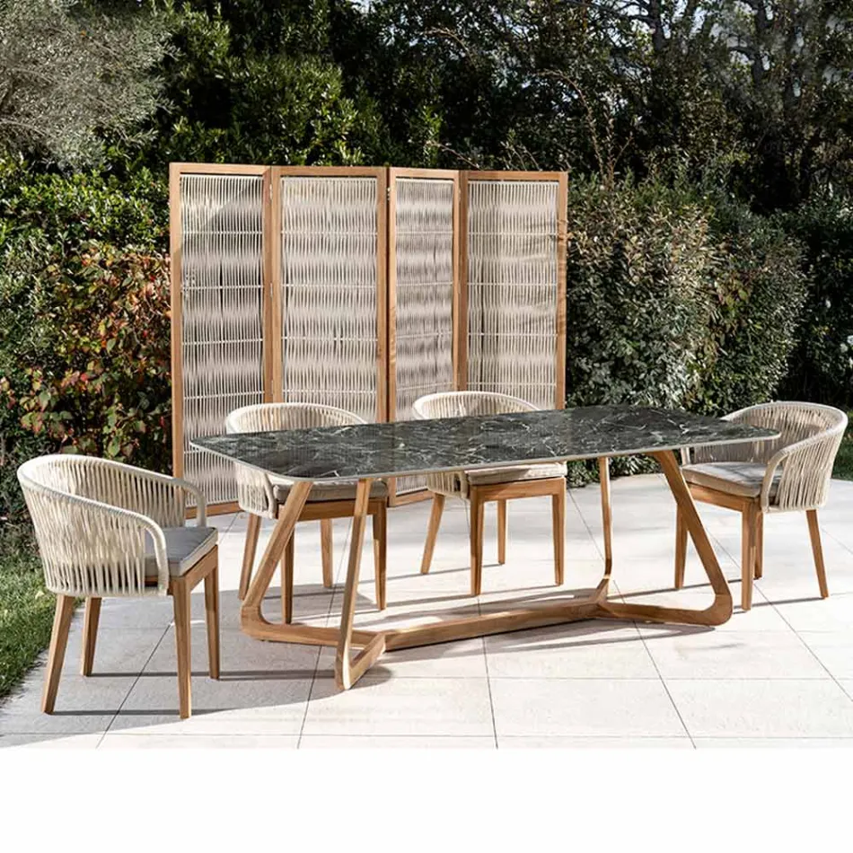 Mesa Externa com Base de Madeira e Tampo em Cerâmica Verde França - Infinity Viadurini