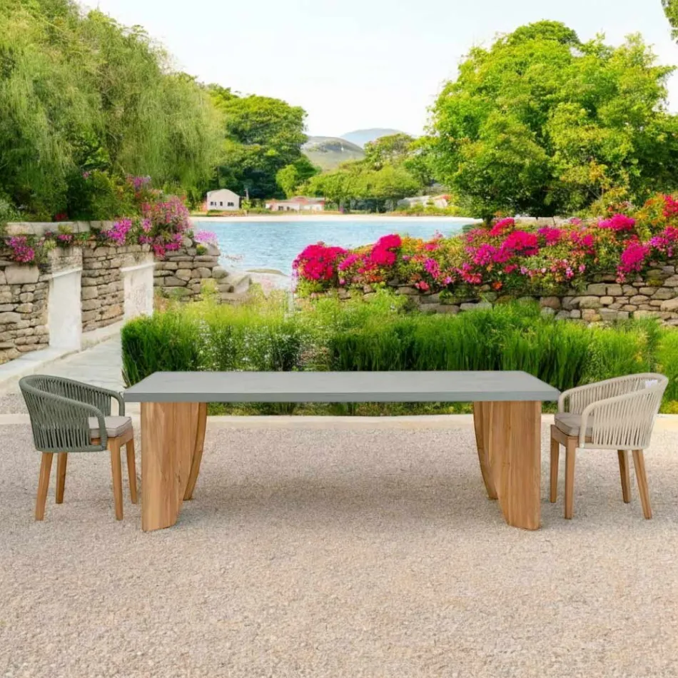 Mesa Externa em Microcimento Okumè e Acabamento Teca Fabricado na Itália - Lápis Viadurini