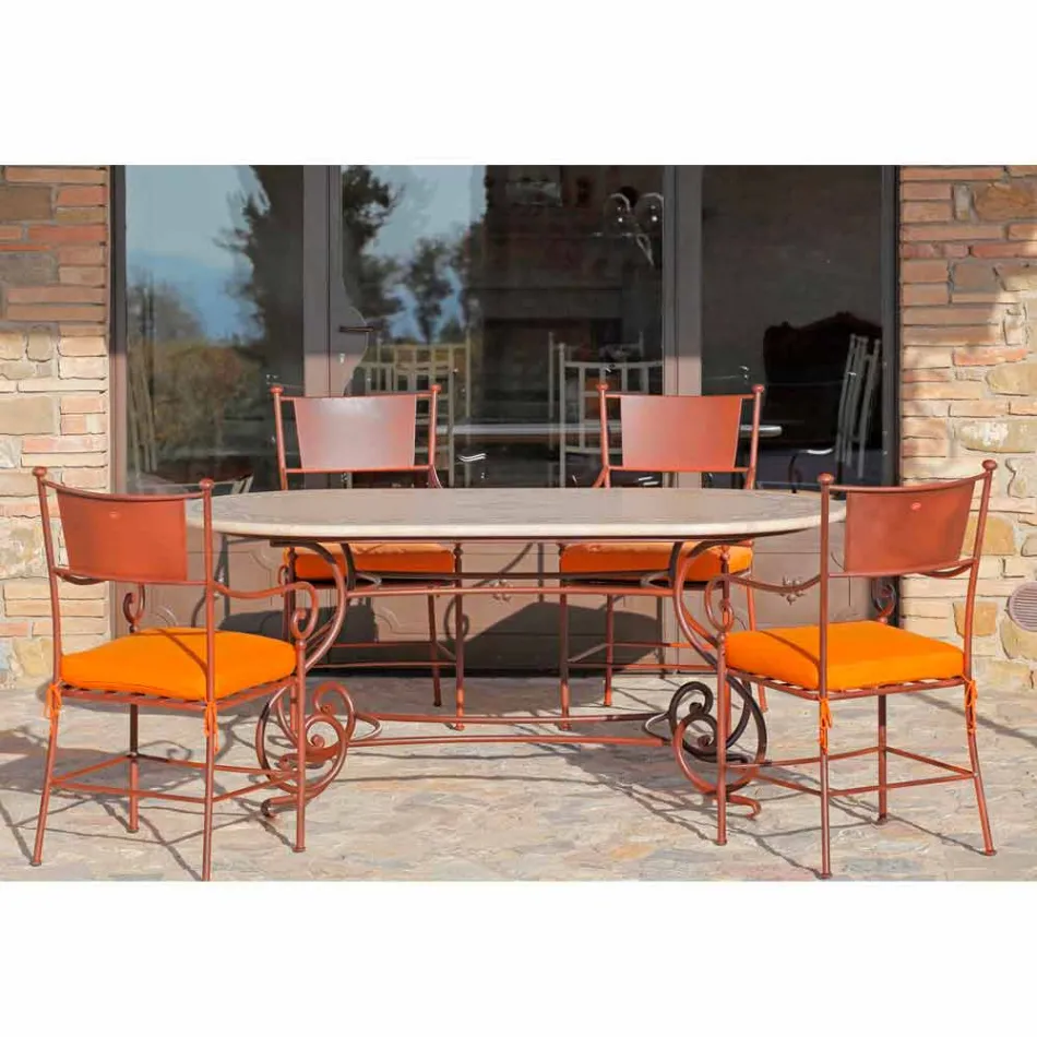 Mesa externa de travertino com inserções de mosaico feita na Itália - elegante Viadurini