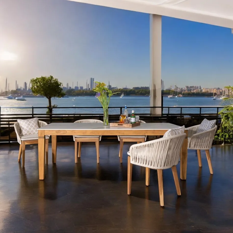 Mesa de jardim em teca natural e tampo de cerâmica - Artes Viadurini