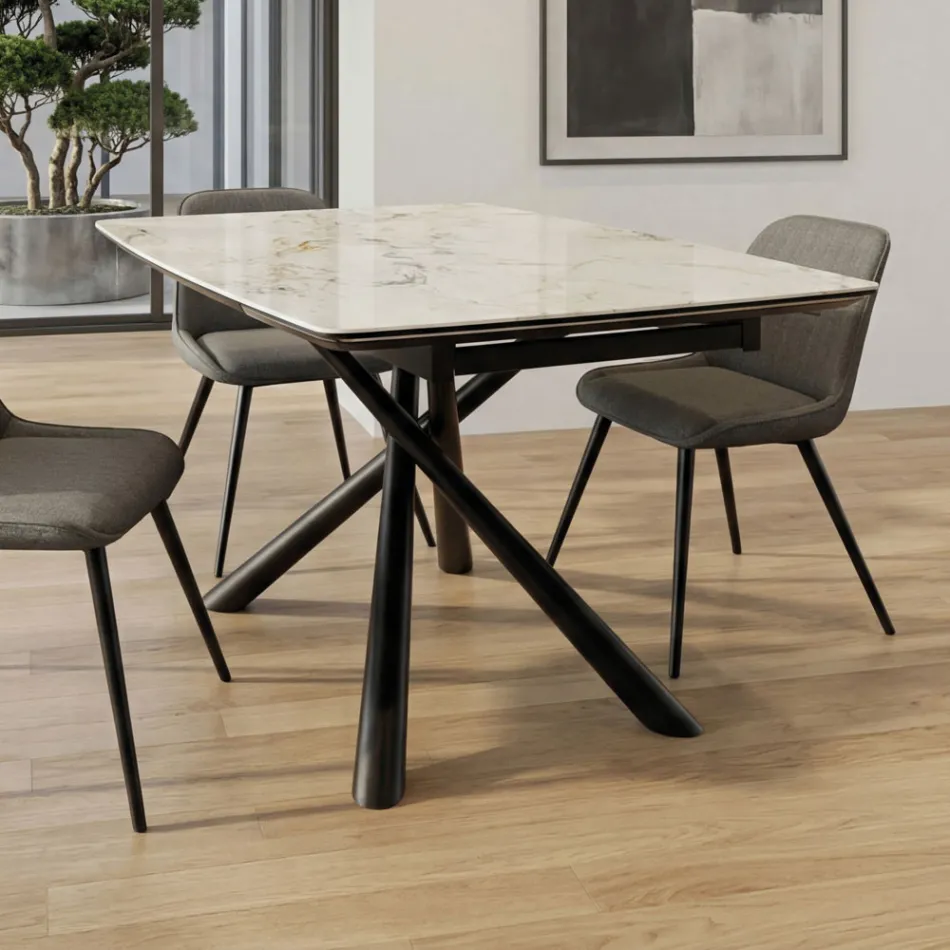 Mesa de jantar extensível (200/230 cm) em vidro cerâmico e metal - Naisha Viadurini