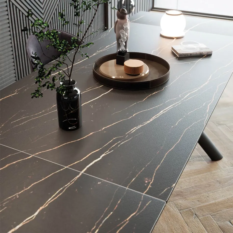 Mesa de jantar extensível (200/230 cm) em vidro cerâmico e metal - Naisha Viadurini