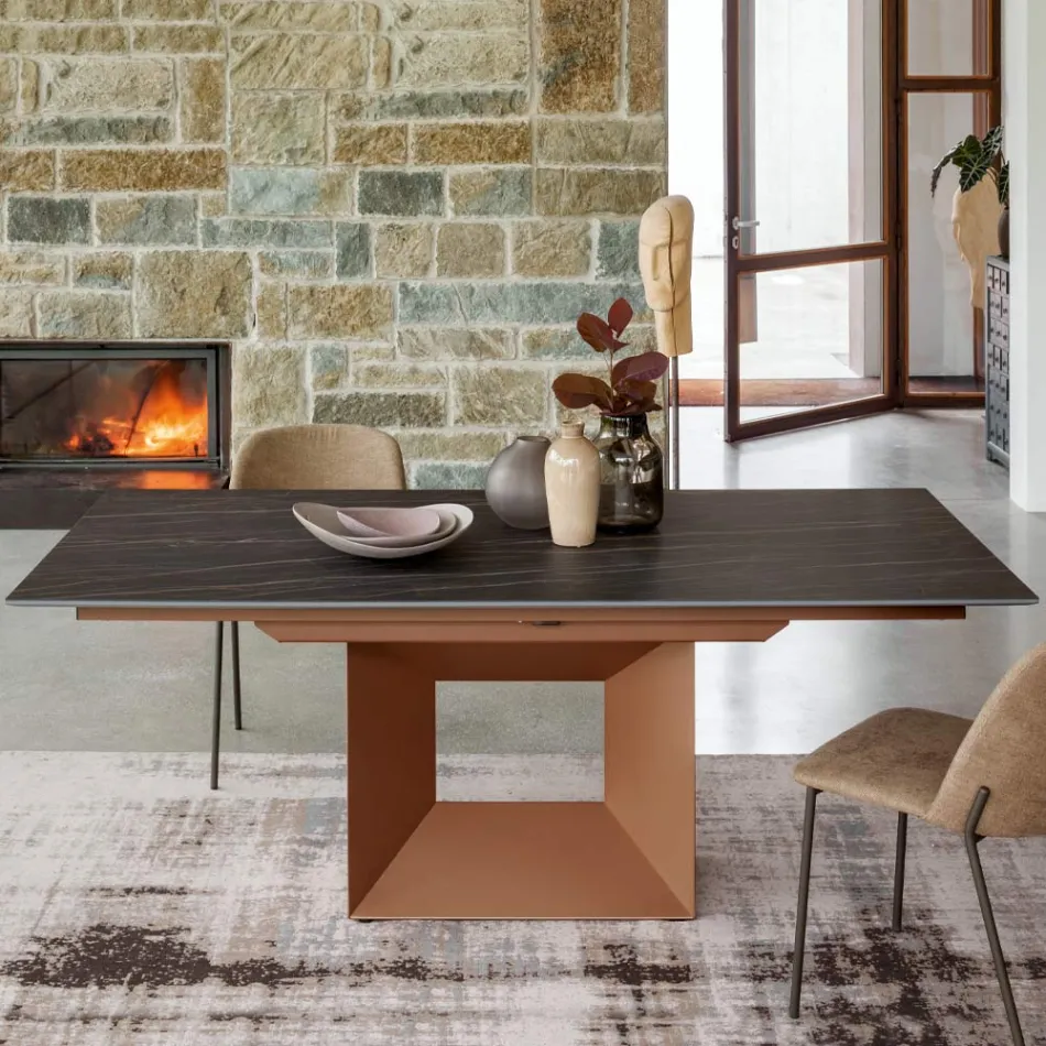 Mesa de Jantar Extensível até 298 cm em Cerâmica e Metal Fabricado na Itália - Girassol Viadurini