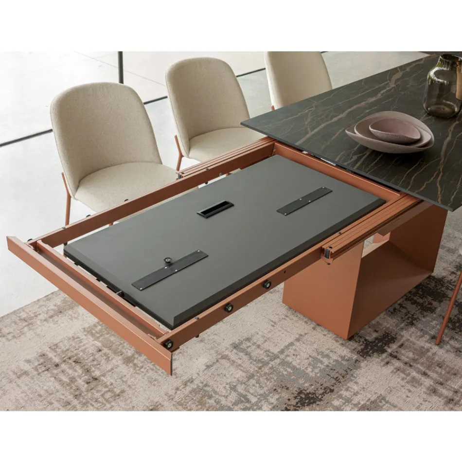 Mesa de Jantar Extensível até 298 cm em Cerâmica e Metal Fabricado na Itália - Girassol Viadurini