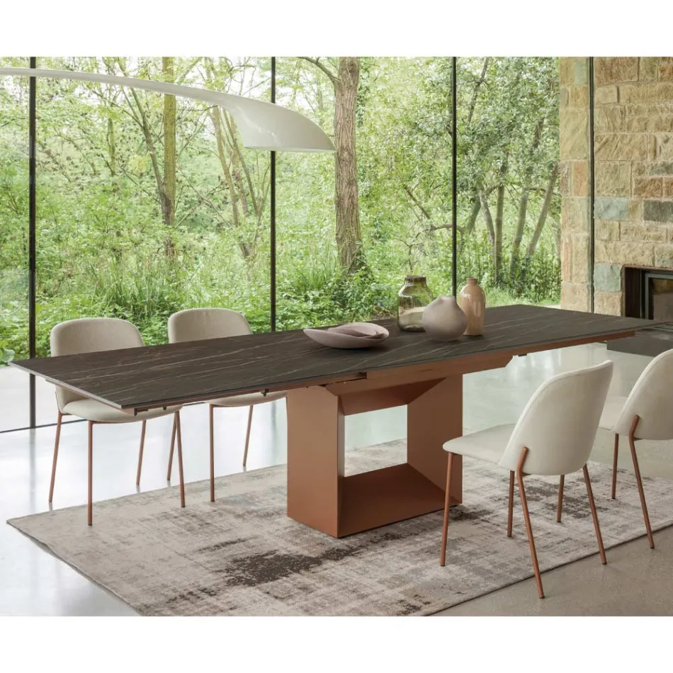 Mesa de Jantar Extensível até 298 cm em Cerâmica e Metal Fabricado na Itália - Girassol Viadurini