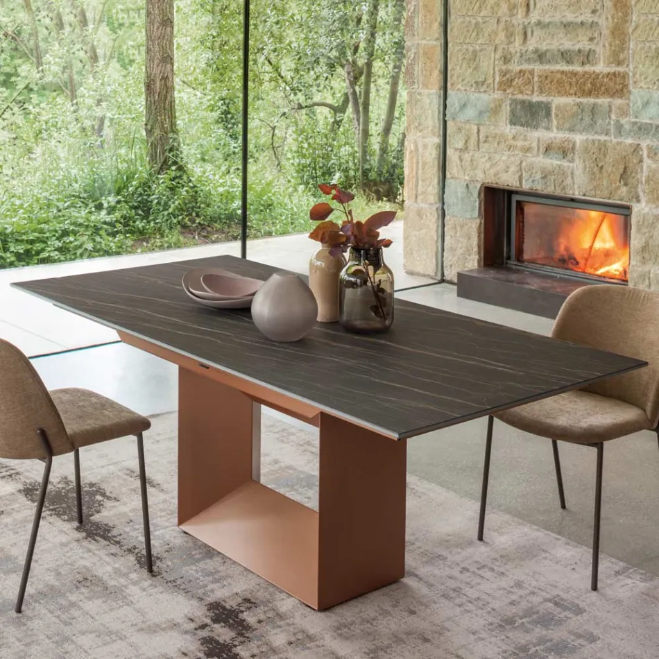 Mesa de Jantar Extensível até 298 cm em Cerâmica e Metal Fabricado na Itália - Girassol Viadurini