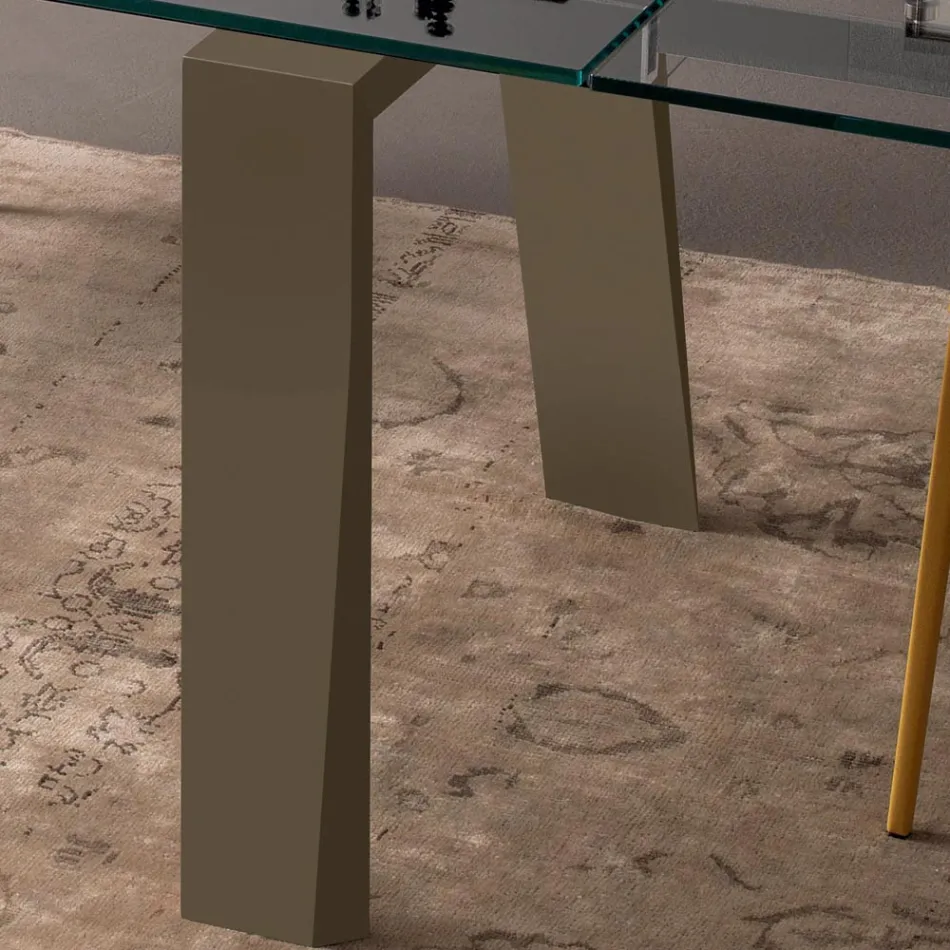 Mesa de jantar extensível a 300 cm em tampo de madeira e vidro - Bedrio Viadurini