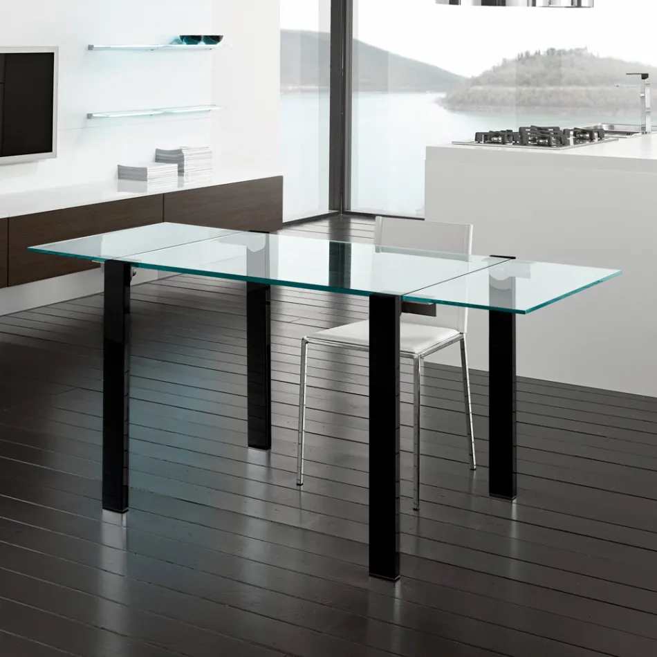 Mesa de jantar extensível em vidro extra-transparente e metal, fabricada na Itália – Sopot  Viadurini