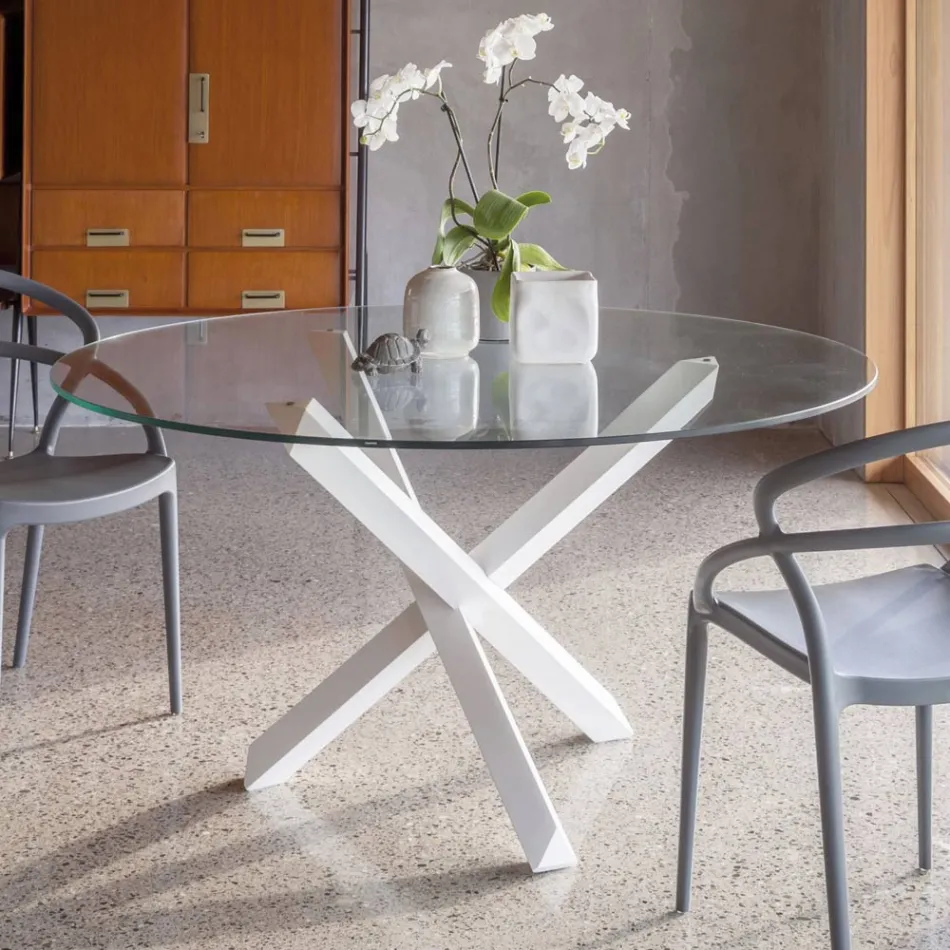 Mesa de Jantar com Base em Faia Maciça e Tampo em Vidro Temperado - Evergreen Viadurini