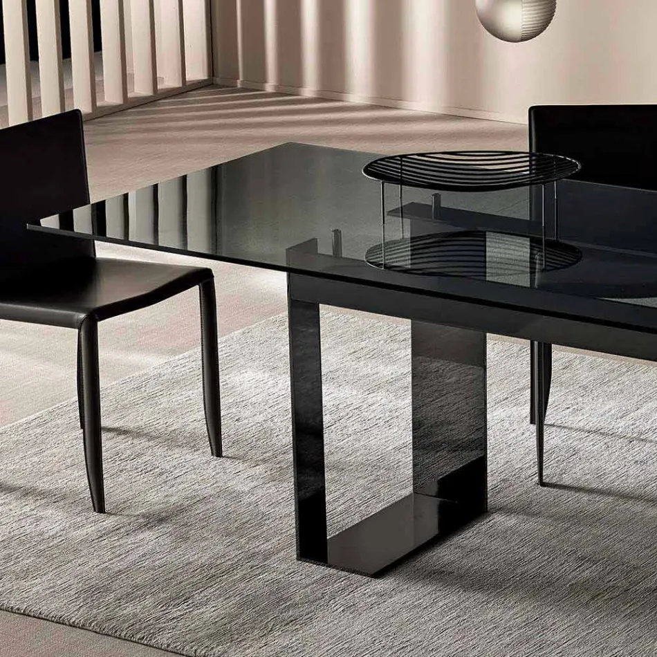 Mesa de jantar com tampo de vidro fumê e base de metal 4 dimensões - Speck Viadurini