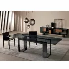 Mesa de jantar com tampo de vidro fumê e base de metal 4 dimensões - Speck Viadurini