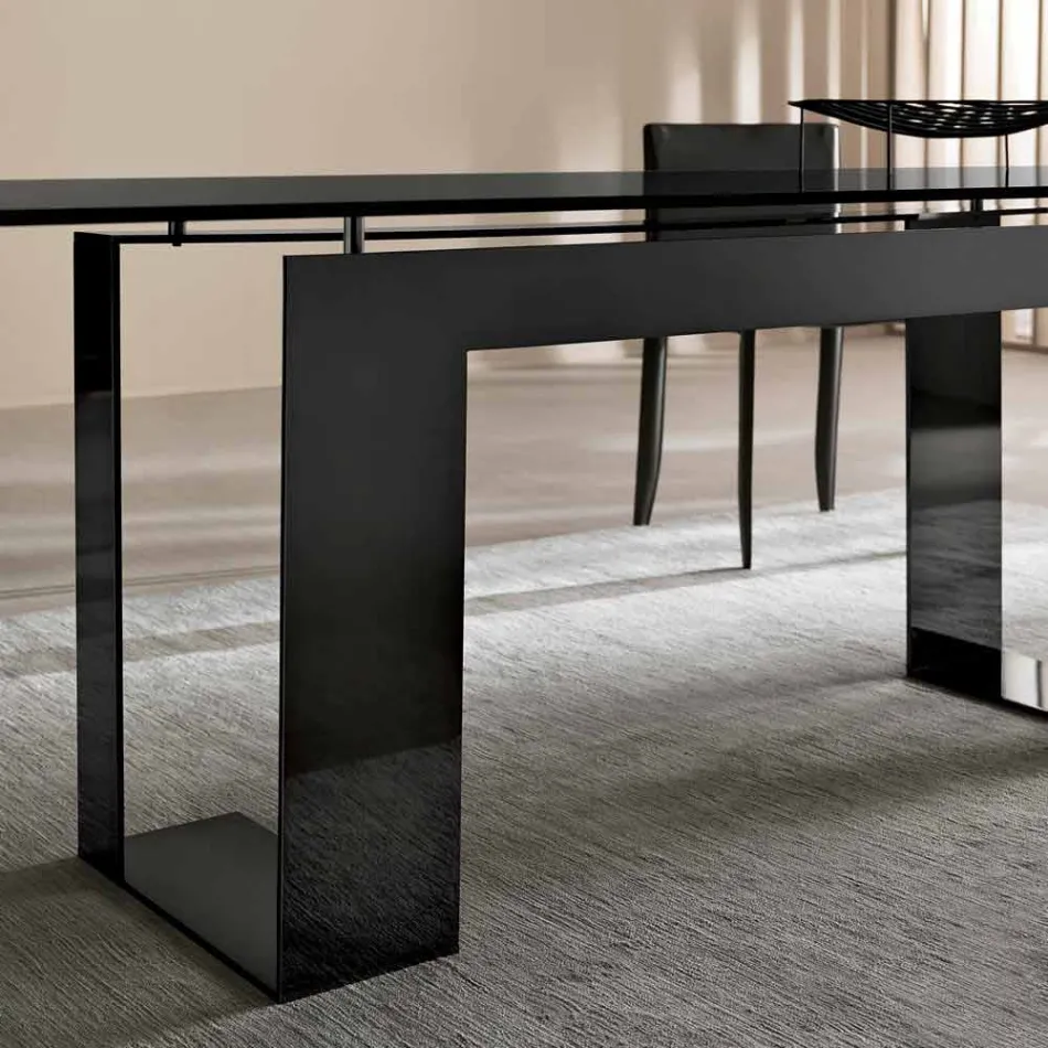 Mesa de jantar com tampo de vidro fumê e base de metal 4 dimensões - Speck Viadurini