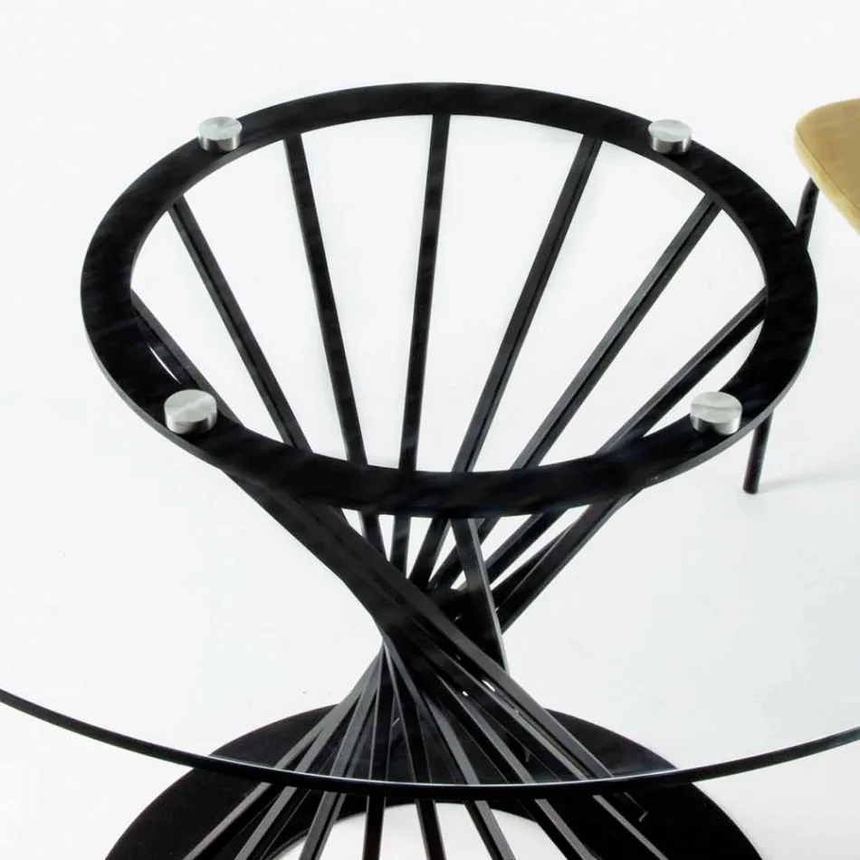 Mesa de Jantar com Tampo Redondo de Vidro Temperado e Base de Aço - Mileto Viadurini