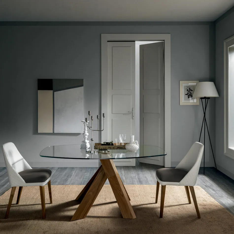 Tampo de vidro da mesa de jantar da sala de estar e pernas de madeira - botânica Viadurini