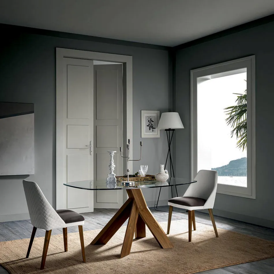 Tampo de vidro da mesa de jantar da sala de estar e pernas de madeira - botânica Viadurini