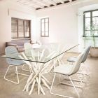 Mesa Jantar Design em Vidro e Teca Branqueada Homemotion - França Viadurini