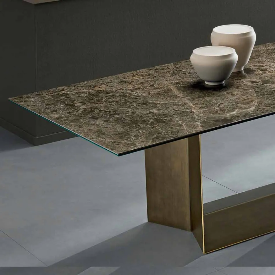 Mesa de jantar Emperador em cerâmica e metal bronze fabricada na Itália - marrom escuro Viadurini