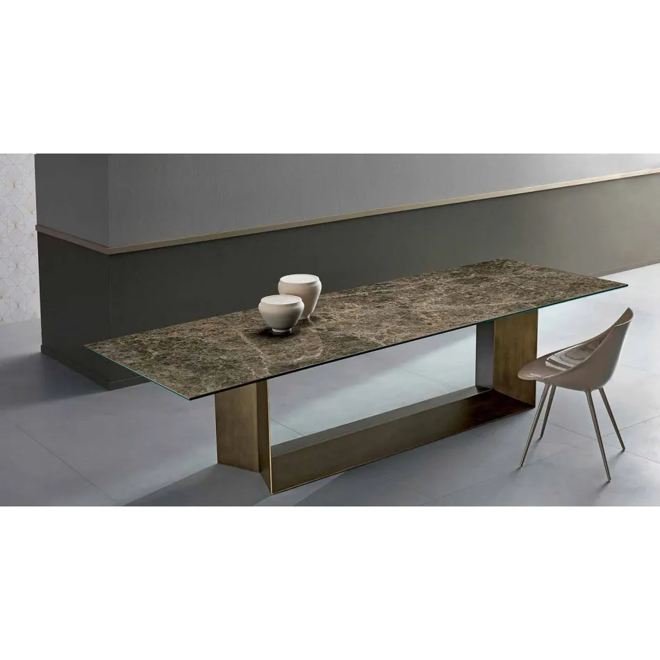 Mesa de jantar Emperador em cerâmica e metal bronze fabricada na Itália - marrom escuro Viadurini