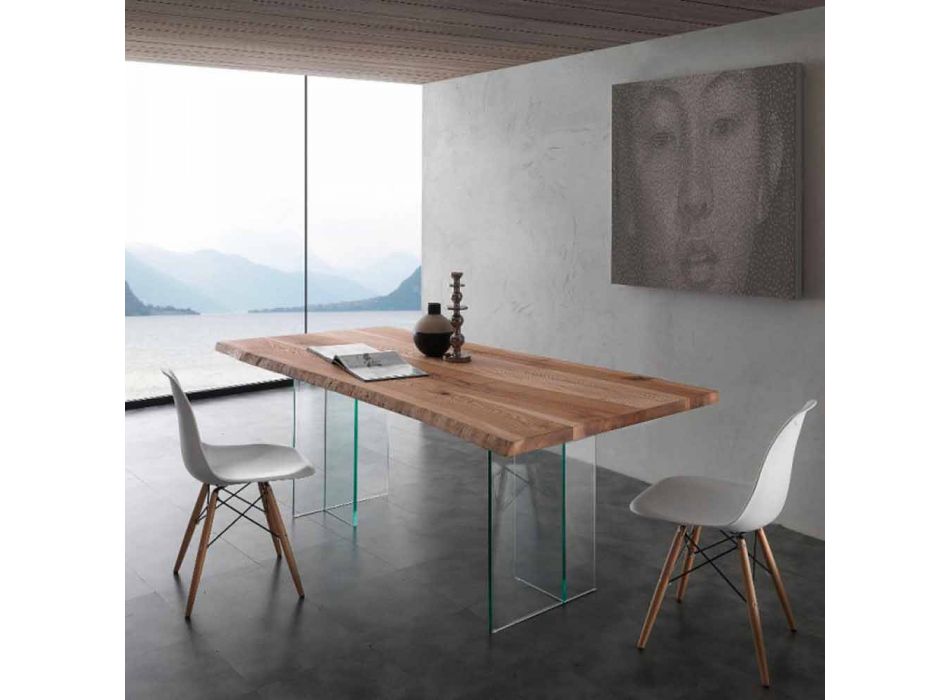 Mesa de jantar em madeira maciça e vidro Marlon Viadurini