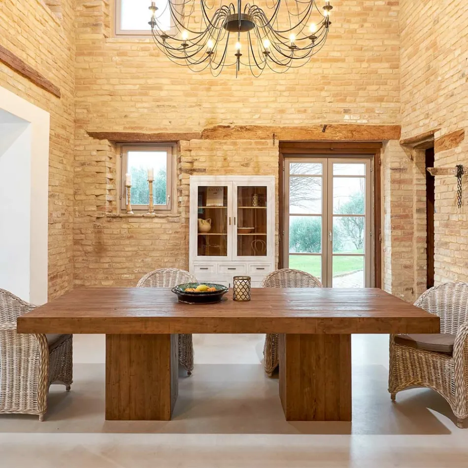 Mesa de Jantar em Madeira Tropical Reciclada com Base Dupla - Slide Viadurini