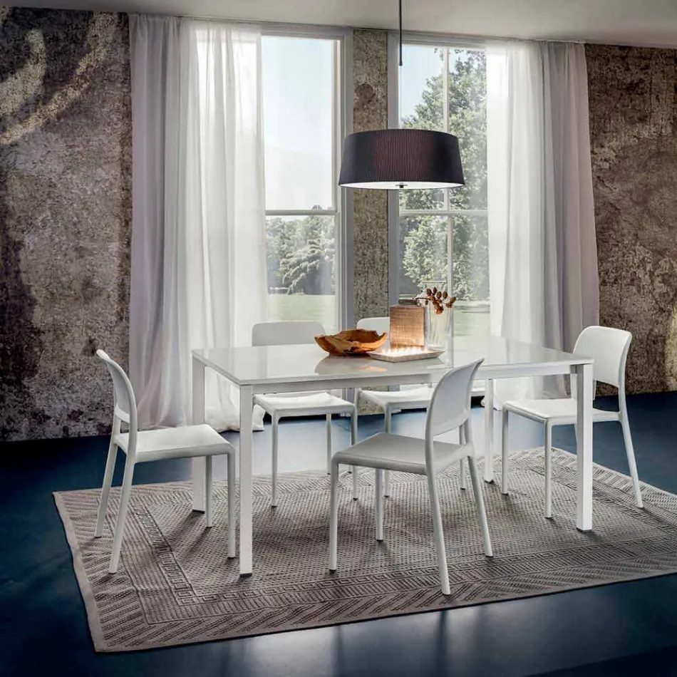 Mesa de Jantar em Vidro Branco e Metal Pintado Made in Italy - Broche Viadurini