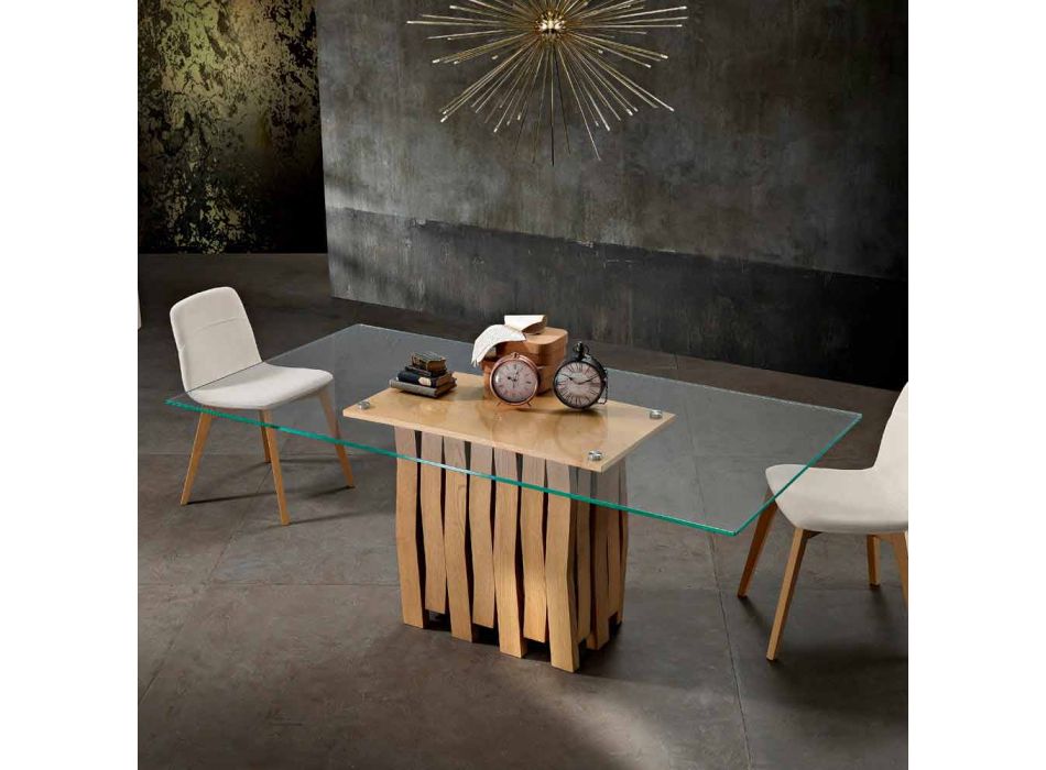 Mesa de jantar em vidro e madeira maciça feita na Itália, Egisto Viadurini
