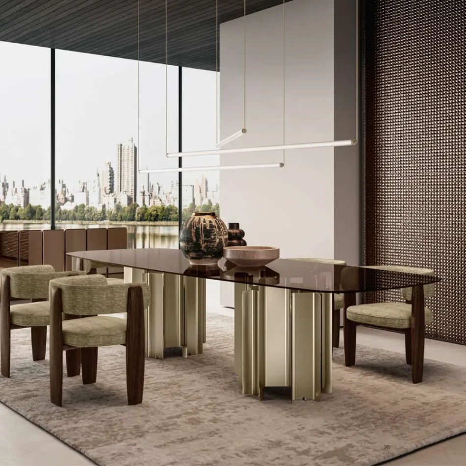 Mesa de jantar moderna em vidro e metal, fabricada na Itália - Duna Viadurini