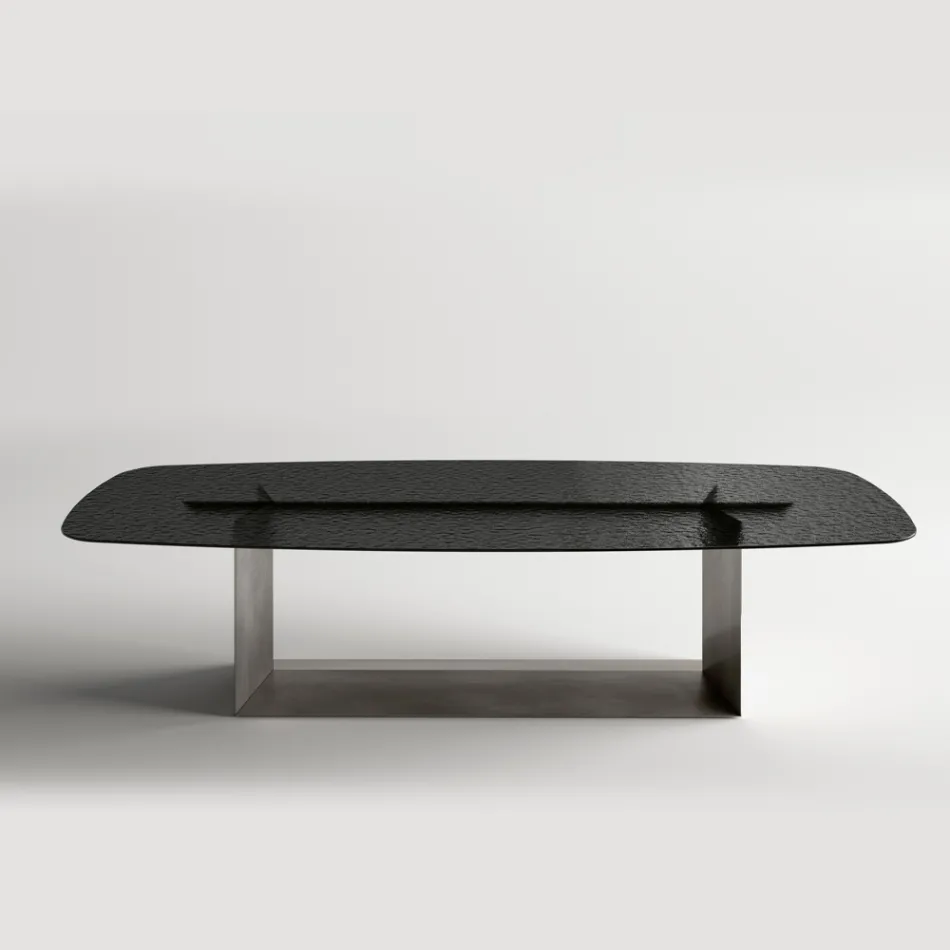 Mesa de jantar de design italiano em vidro fundido com acabamento em bronze ou fumê - Moro Viadurini