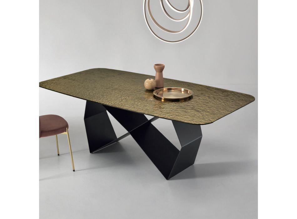 Mesa de jantar em vidro martelado e metal preto fabricado na Itália - Mirco Viadurini