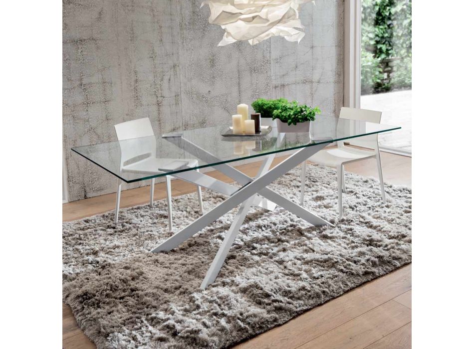 Mesa de jantar luxuosa de vidro temperado e metal fabricada na Itália - Carlino Viadurini