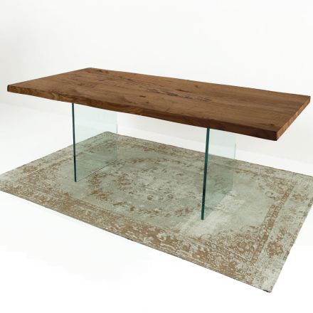 Mesa de jantar moderna em madeira folheada e vidro fabricada na Itália - Strappo Viadurini