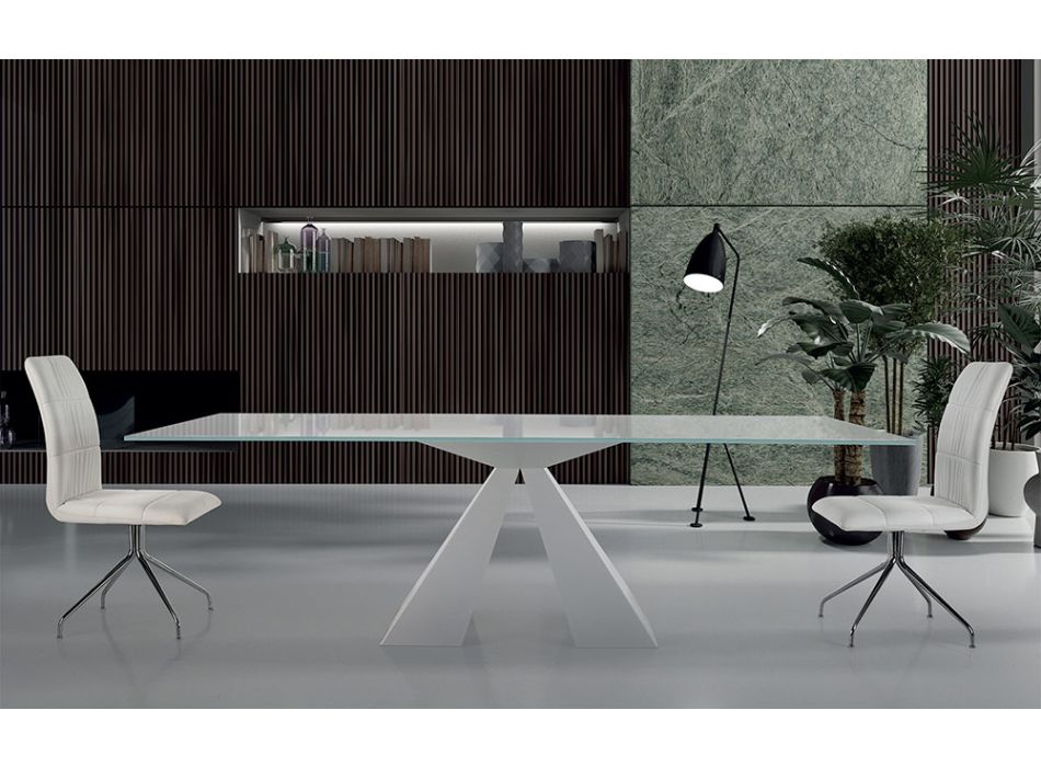 Mesa de jantar moderna em vidro e aço branco fabricada na Itália - Dálmata Viadurini
