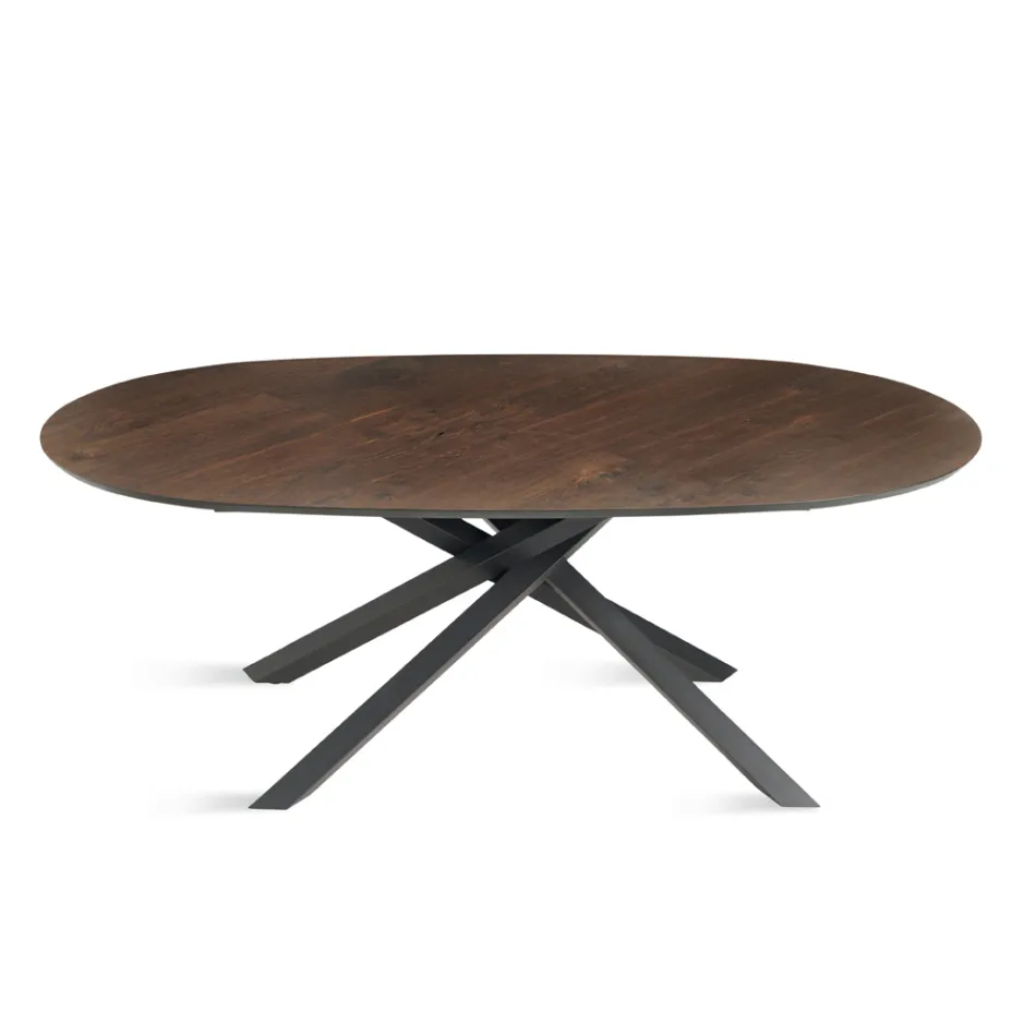 Mesa de jantar oval em folheado de carvalho e base de metal preto - Domo Viadurini