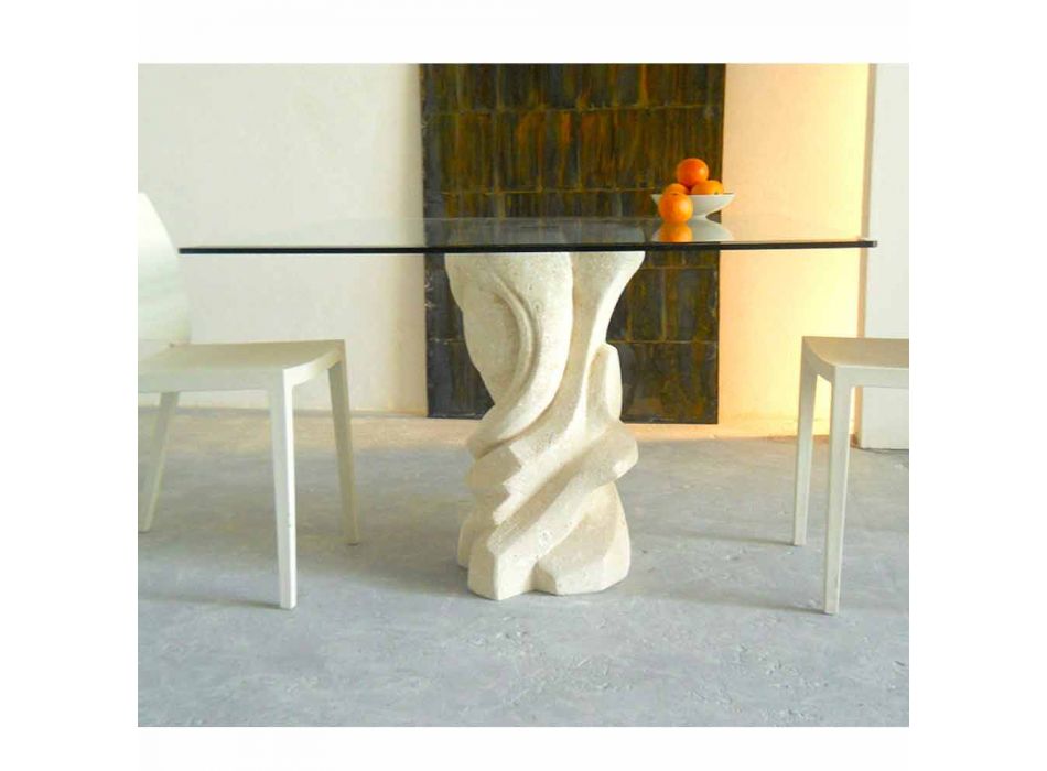 Mesa de jantar quadrada de pedra com tampo de cristal Leda Viadurini