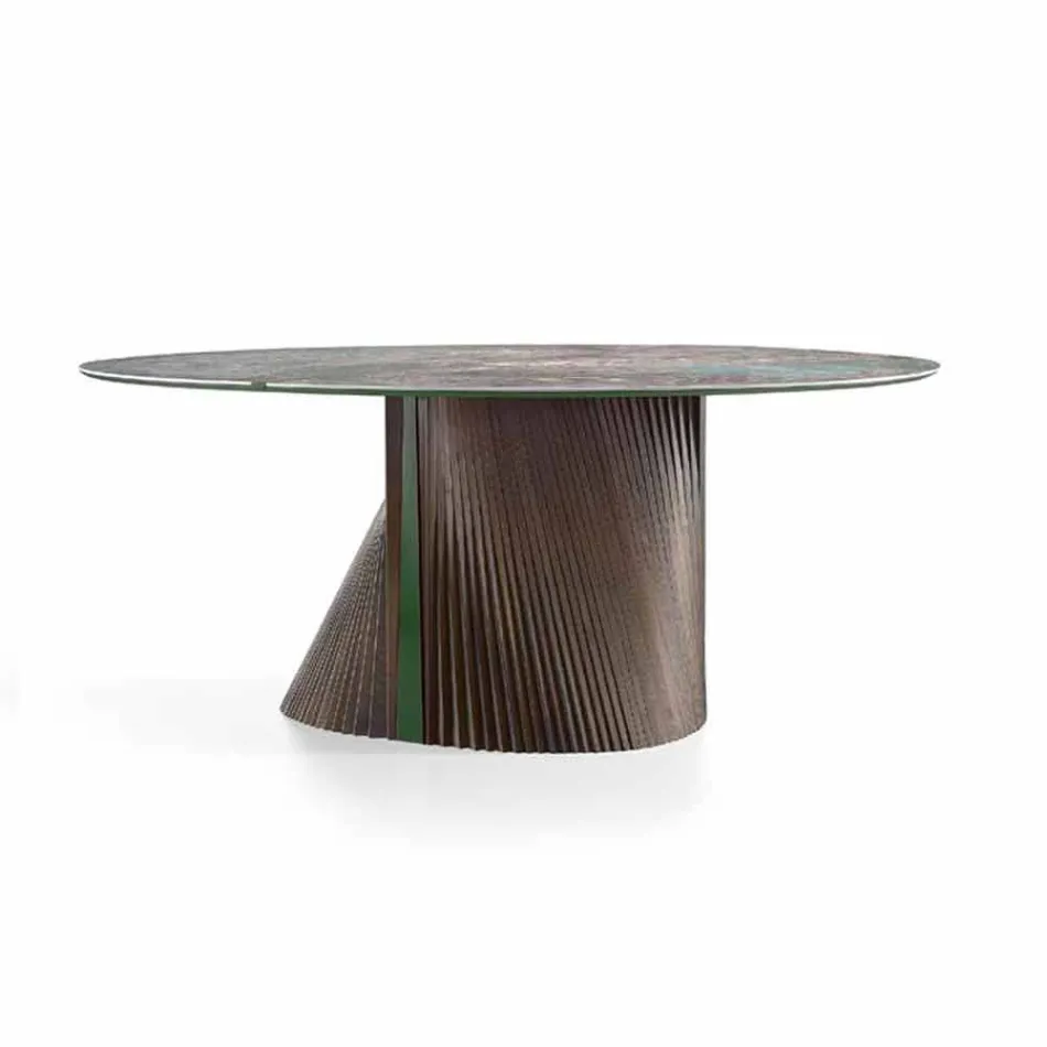 Mesa de Jantar Redonda Design em Grés Polido e Madeira Made in Italy - Madame Viadurini