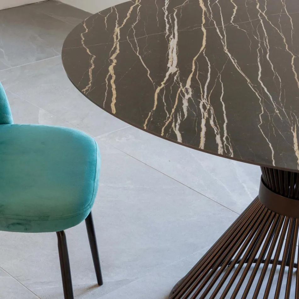 Mesa de Jantar Redonda em Cerâmica Polida Florim e Base em Aço - Denali Viadurini